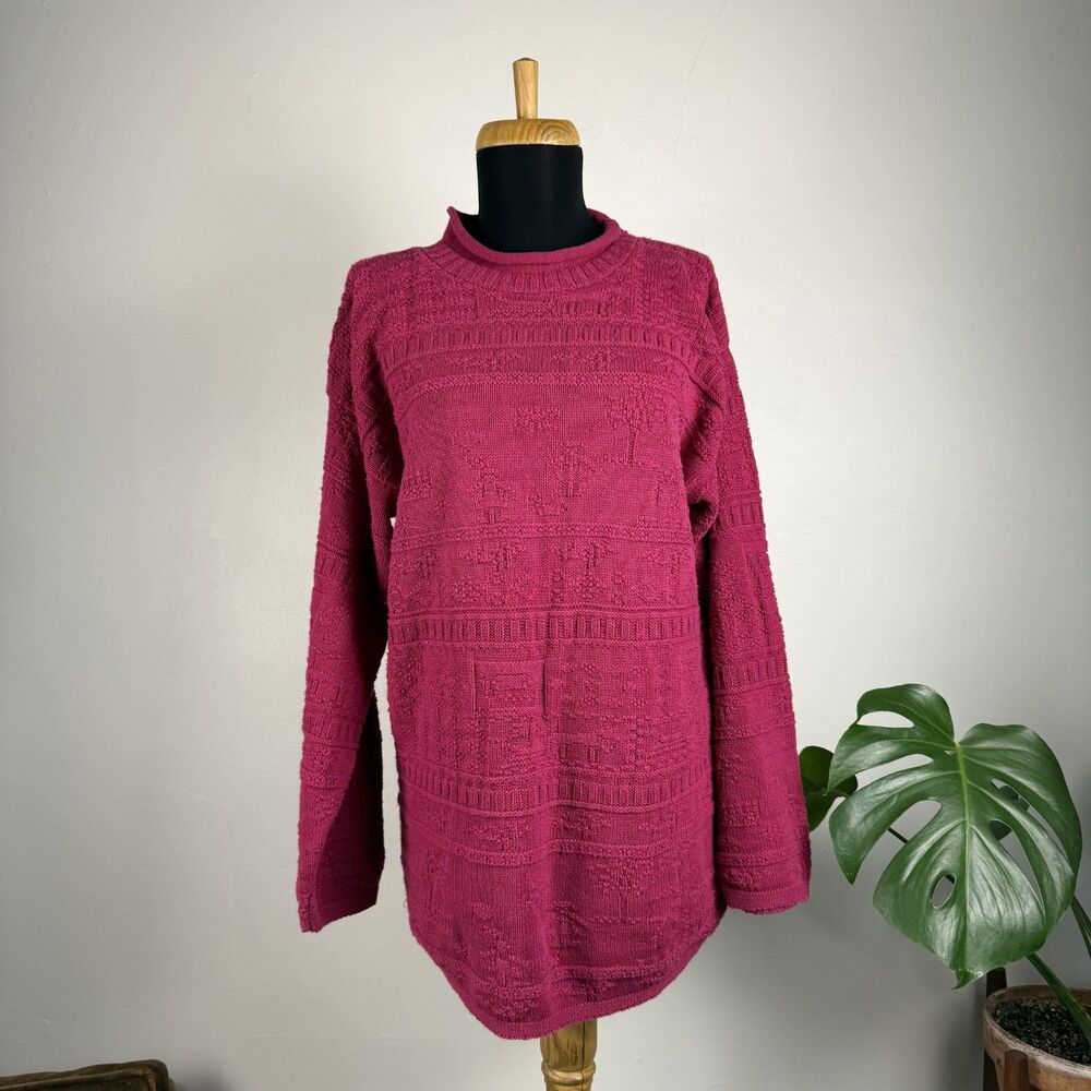 Vintage Storybook Folk Sweater | Textured Cotton Longline Magenta Pink